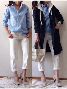 6ユニクロのスプリングコート×青シャツ×白デニムパンツ