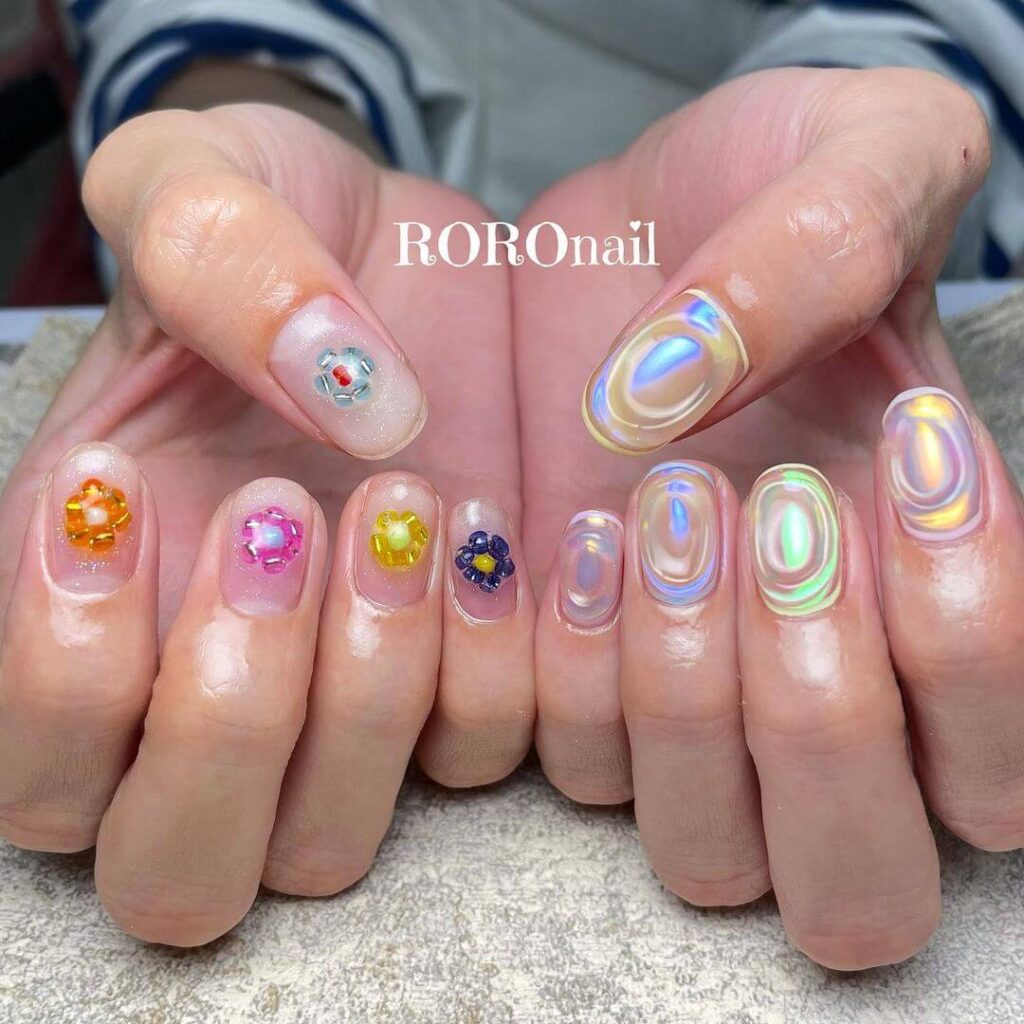 夏ネイル×ビーズフラワー×うるうるネイル