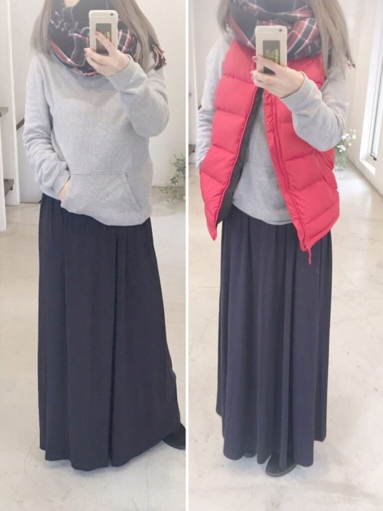 赤のダウンベスト×グレーのニット×ネイビーのロングスカート×大判ストール