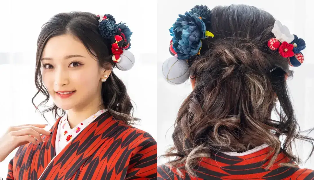 卒業式で袴に合うセミロングのハーフアップの髪型：ねじりハーフアップ