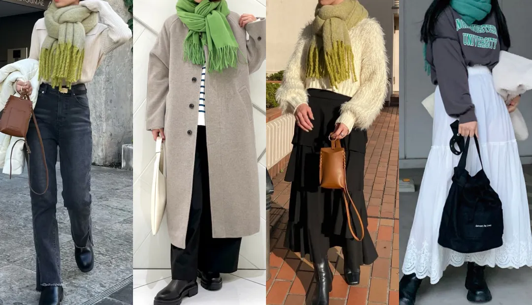 緑のマフラーコーデ15選！秋冬ファッションのこなれ術と人気の巻き方2023